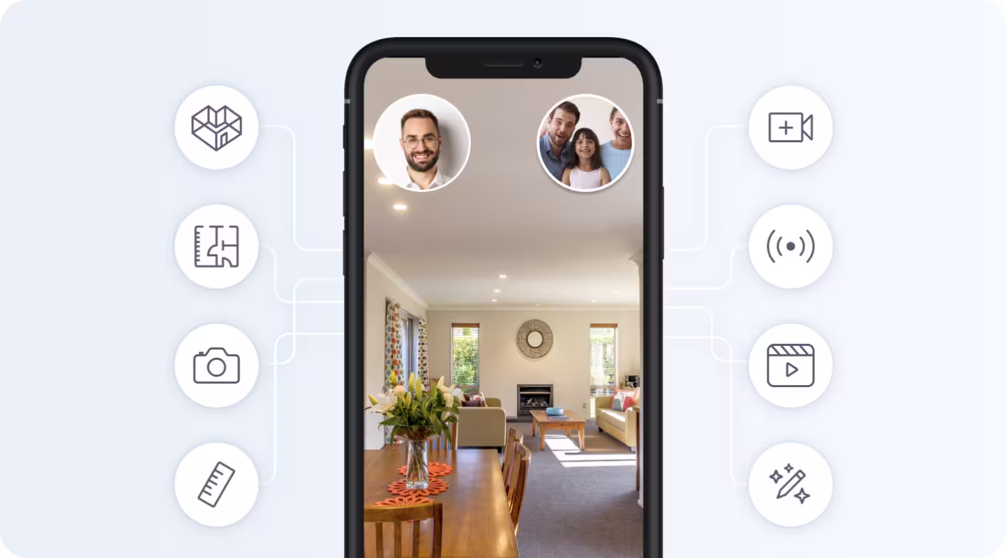 Videocall mobile mockup with icon of the different products